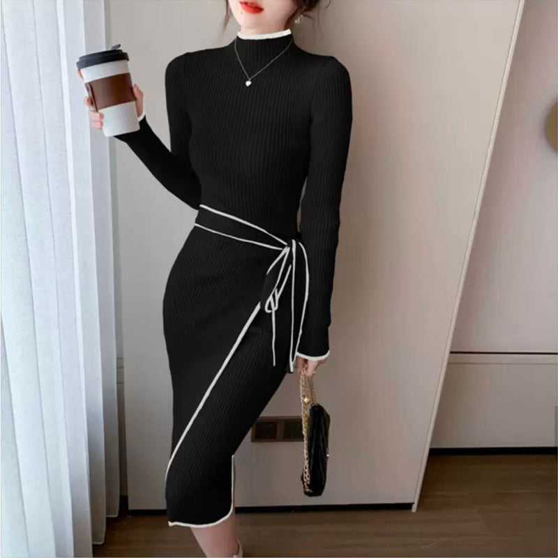 ウエストリボンハーフネックリブニットワンピース(2colors)