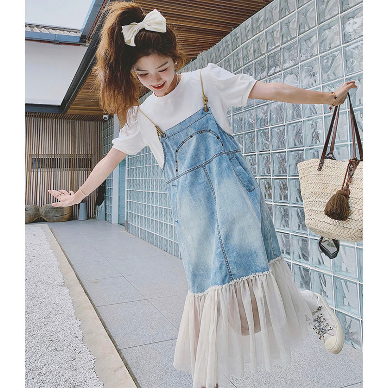 シアーフリルヘムデニムサロペットワンピース