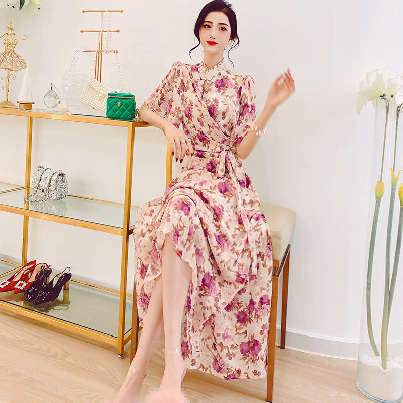 スタンドカラー花柄プリントアシメタックロングワンピース