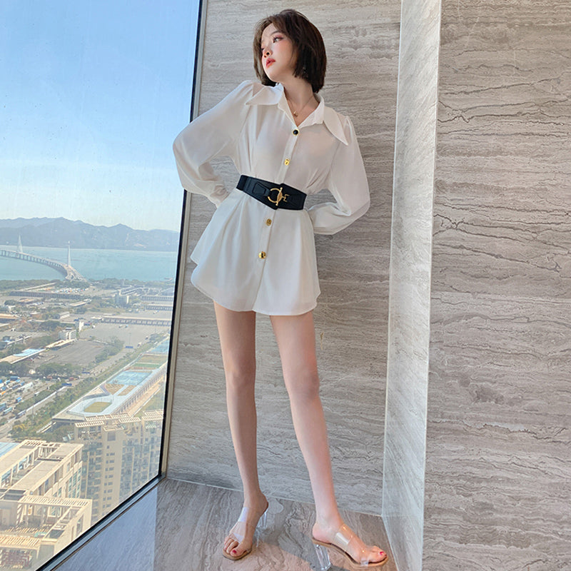 ウエストベルト付きロング開襟シャツ×ショート丈パンツ