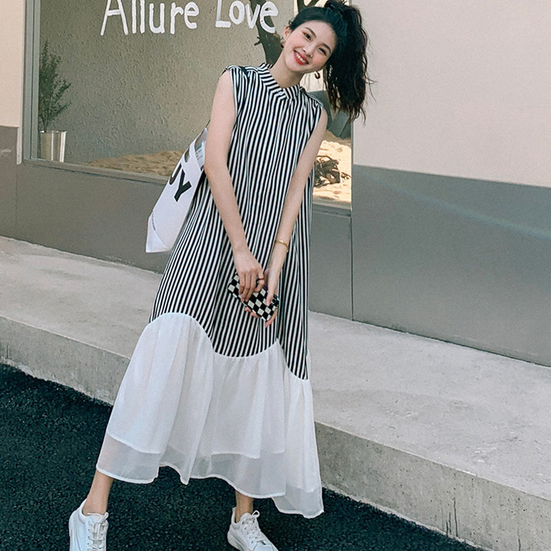 シアーフリルヘムストライプノースリーブワンピース