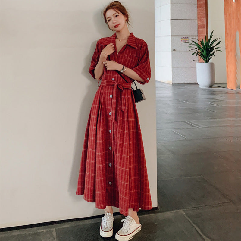 ウエストリボンチェックシャツワンピース(2colors)