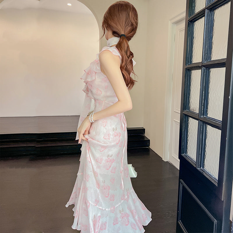 リボンタイ付きプリントフリルロングワンピース