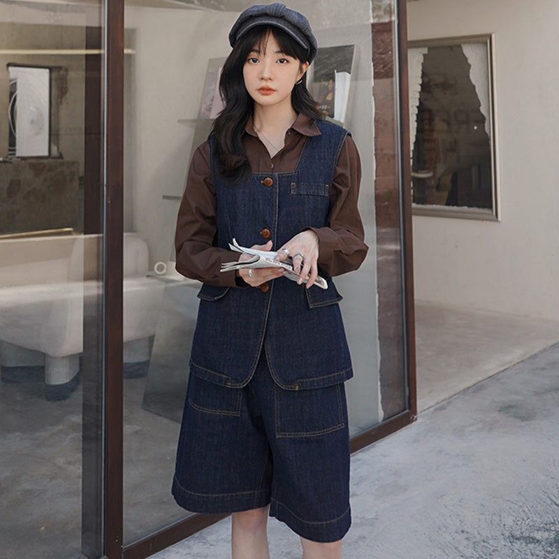 レトロデニムベスト×ミディ丈ショートパンツ