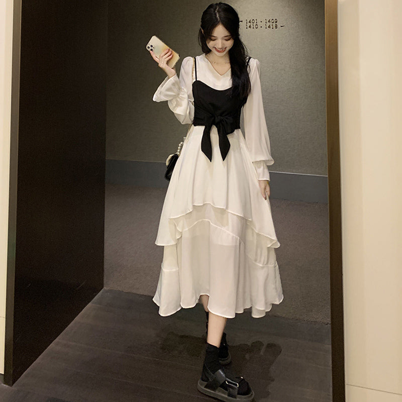 リボンビスチェコンビネーションティアードワンピース