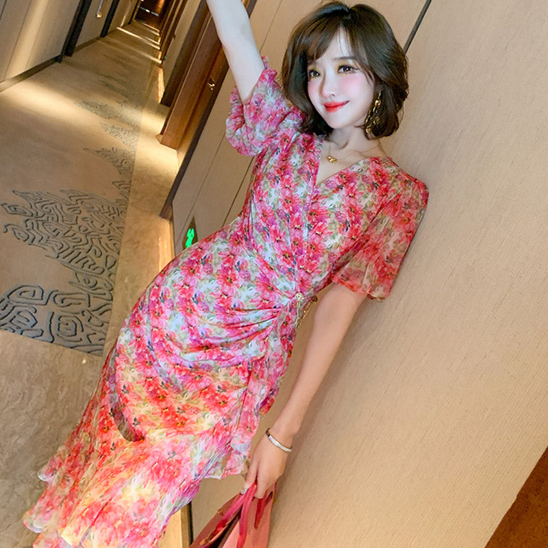 ランタンスリーブ花柄カシュクールマーメイドワンピース