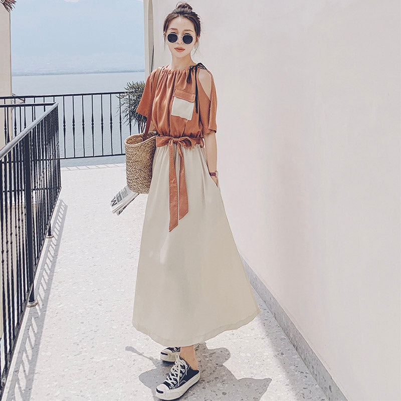 バイカラーウエストリボンギャザーロングワンピース(2colors)