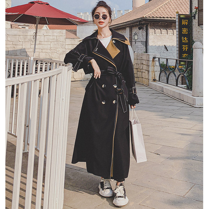 レイヤード風ステッチ入りロングトレンチコート