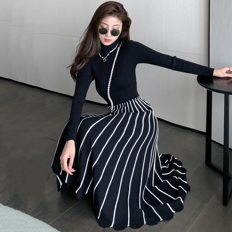 スカラップヘムストライプ切り替えニットワンピース