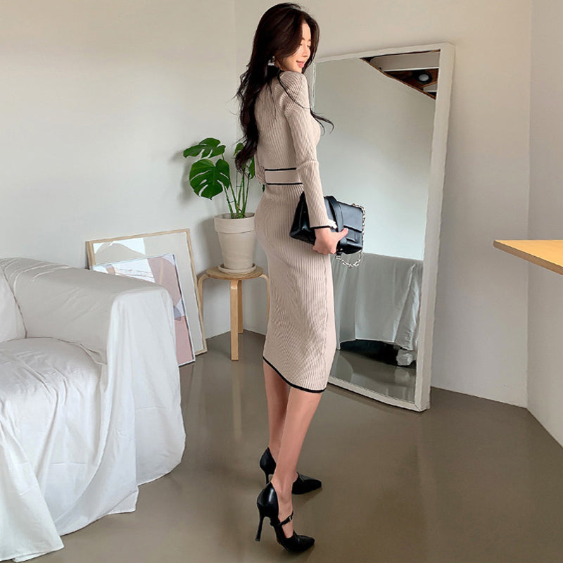 ウエストリボンハーフネックリブニットワンピース(2colors)