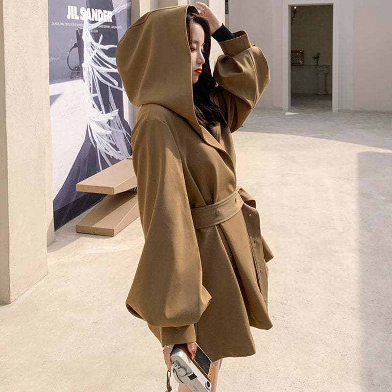 ウエストベルト付きビッグフードフレアミディコート