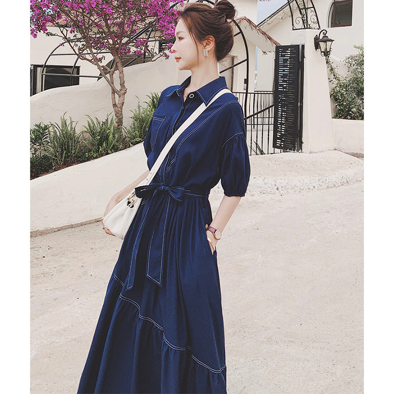 バルーンスリーブアシメティアードシャツワンピース