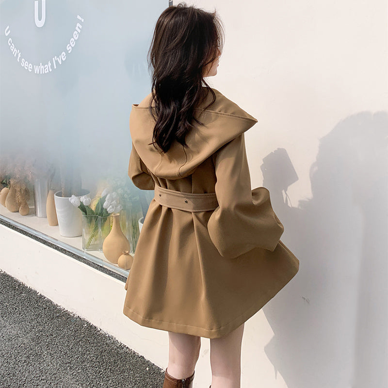 ウエストベルト付きビッグフードフレアミディコート