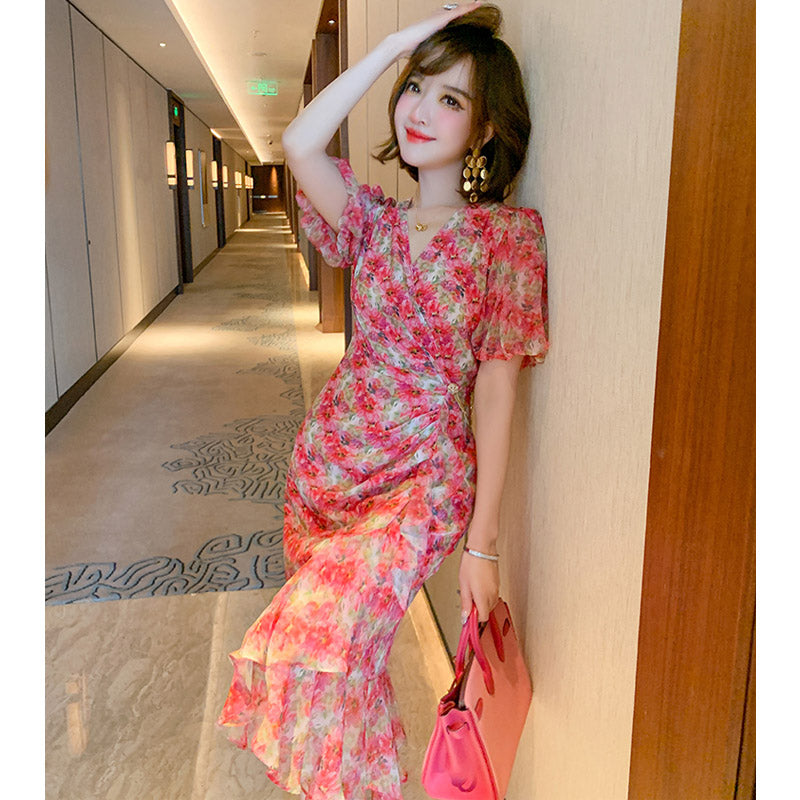 ランタンスリーブ花柄カシュクールマーメイドワンピース
