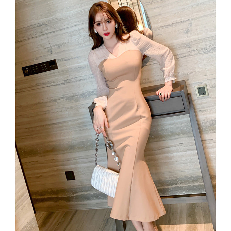 パフスリーブブラウスコンビマーメイドワンピース