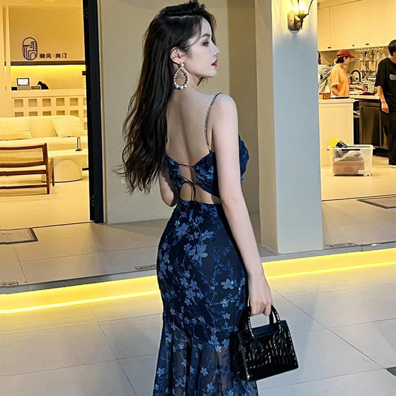 花柄バックオープンマーメイドキャミワンピース