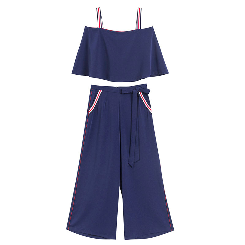 マルチストライプストラップキャミソール×サイドラインワイドパンツ