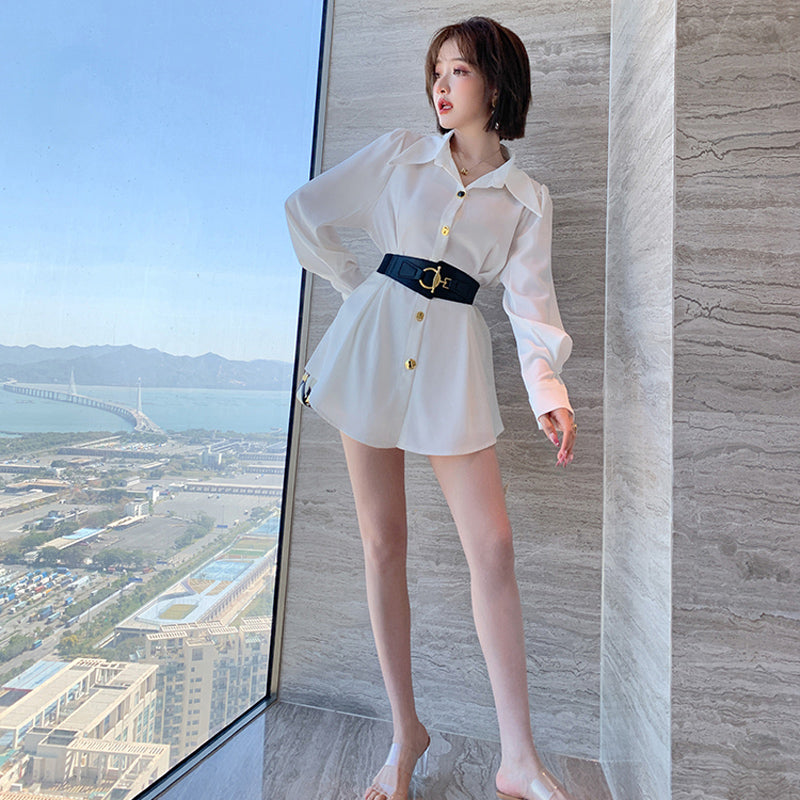 ウエストベルト付きロング開襟シャツ×ショート丈パンツ