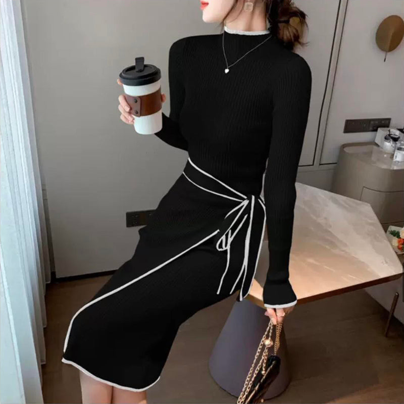 ウエストリボンハーフネックリブニットワンピース(2colors)