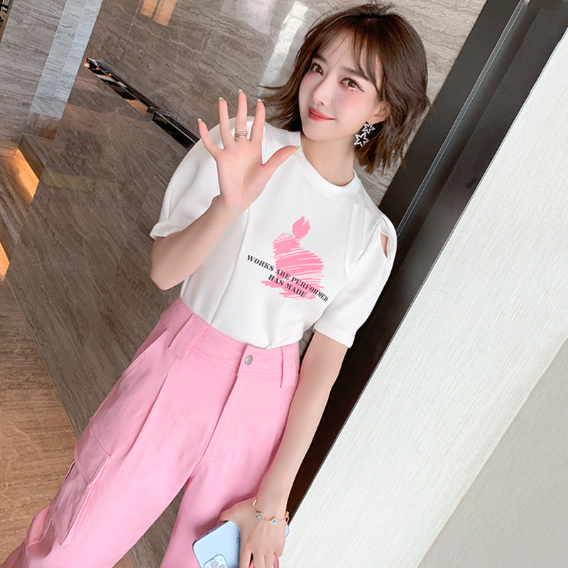 オープンショルダーパフスリーブTシャツ×シャーベットピンクカーゴパンツ【上下別売り可】