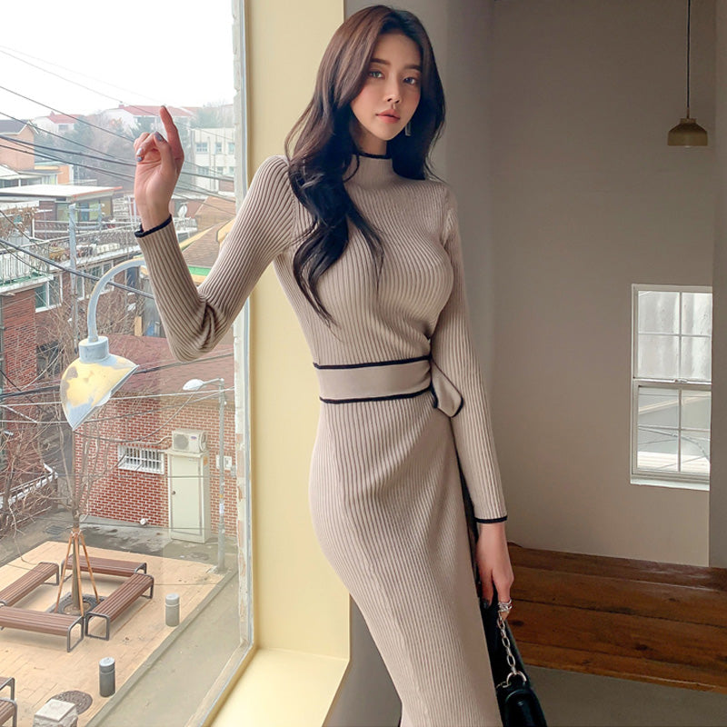 ウエストリボンハーフネックリブニットワンピース(2colors)