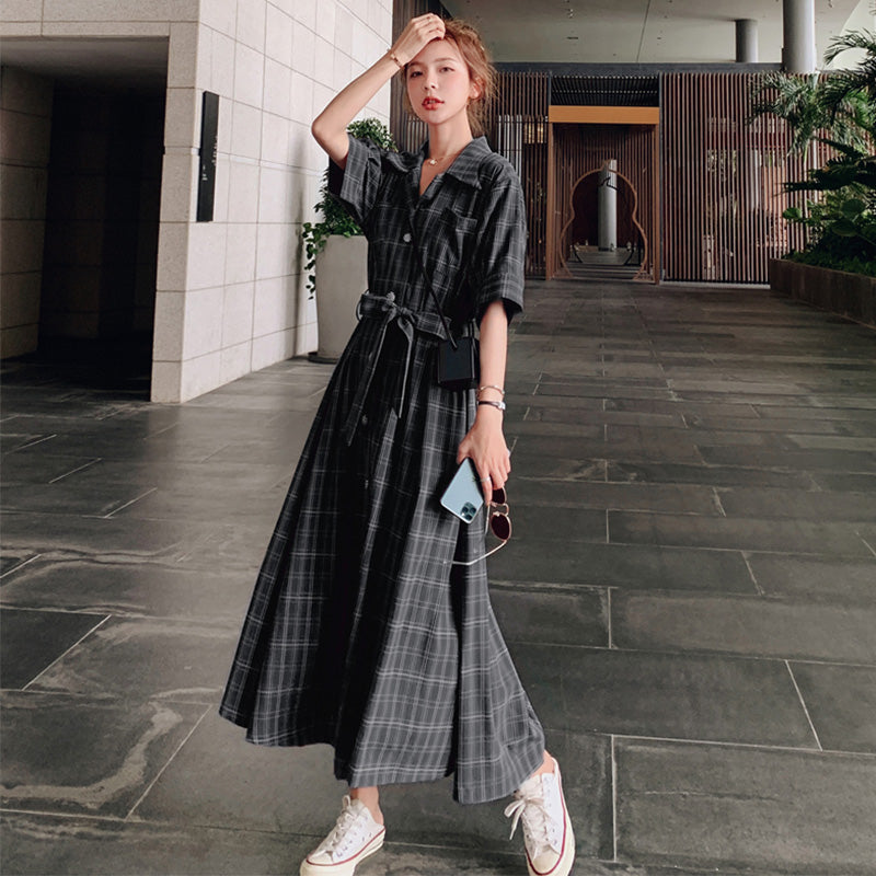 ウエストリボンチェックシャツワンピース(2colors)