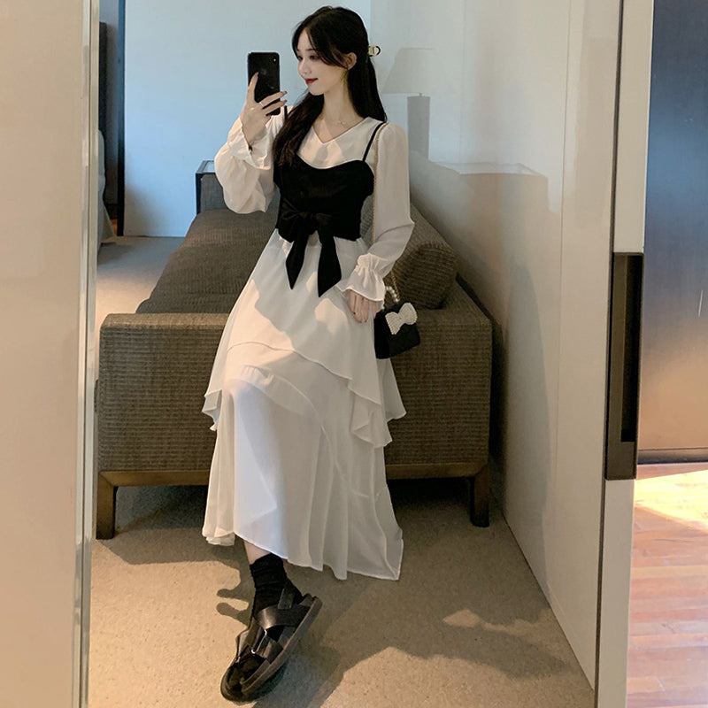 リボンビスチェコンビネーションティアードワンピース