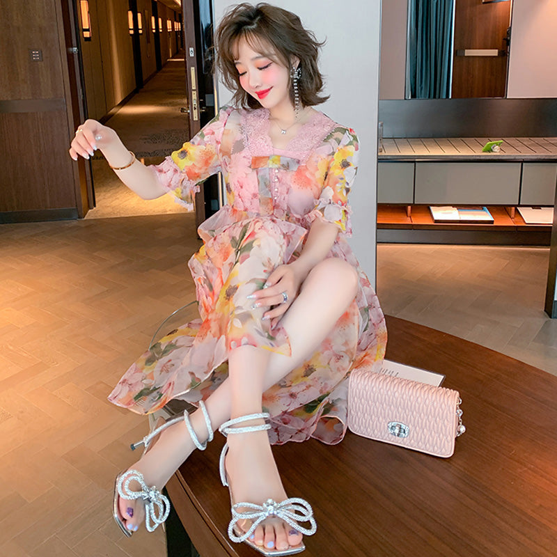 キャミワンピース×レースドッキング花柄シアーフレアワンピース