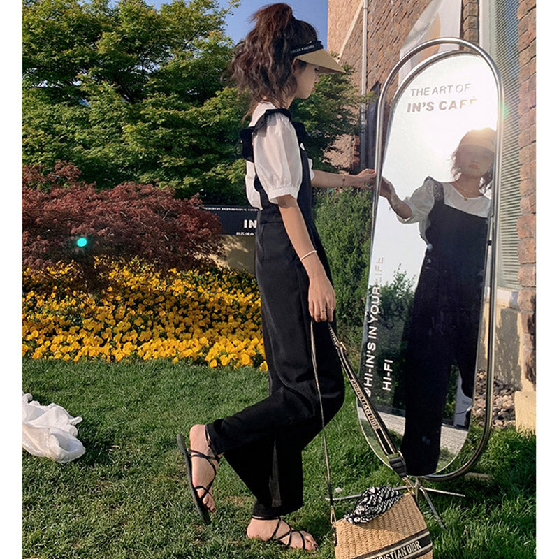 バルーン袖シアーブラウス×フリルショルダーサロペット