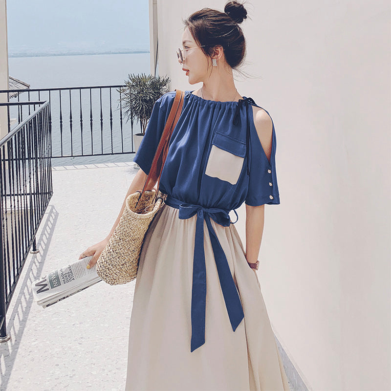 バイカラーウエストリボンギャザーロングワンピース(2colors)