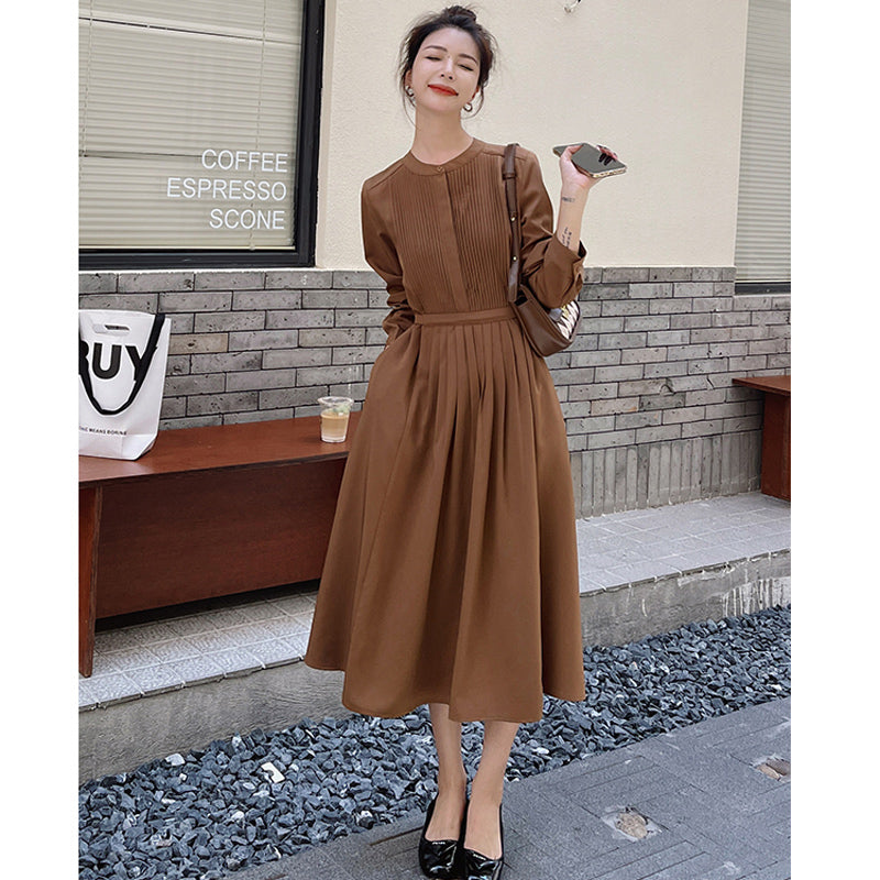 フロントプリーツラウンドネックワンピース(2colors)