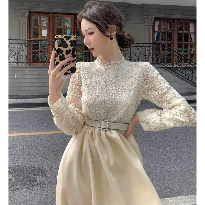 レースブラウスコンビネーションフレアワンピース