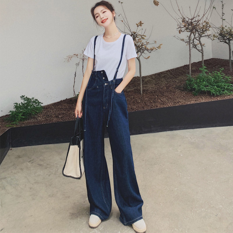 Tシャツ×サスペンダー付きアシメウエストワイドデニムパンツ