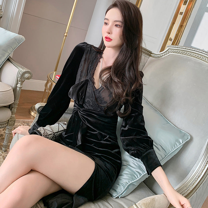 レースコンビネーションスリット入りベロアワンピース