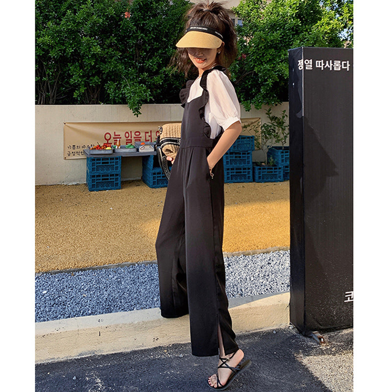 バルーン袖シアーブラウス×フリルショルダーサロペット