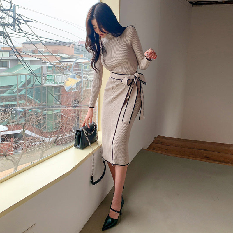 ウエストリボンハーフネックリブニットワンピース(2colors)