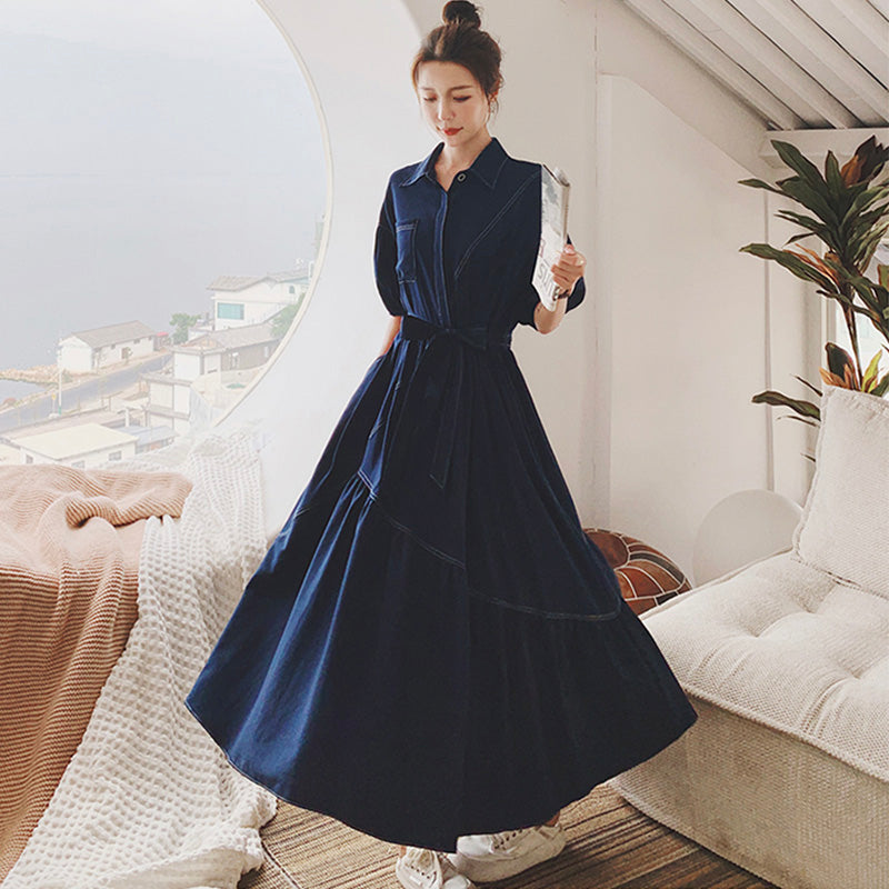 バルーンスリーブアシメティアードシャツワンピース