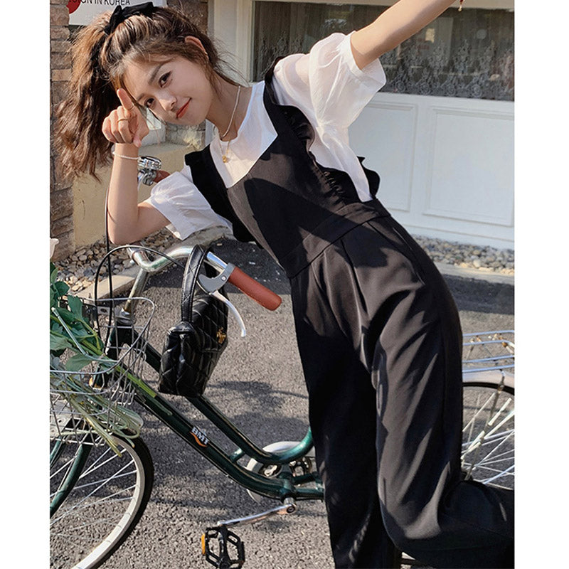 バルーン袖シアーブラウス×フリルショルダーサロペット