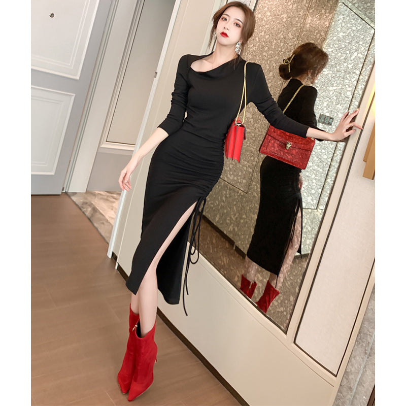 スリットドローストリングペンシルワンピース