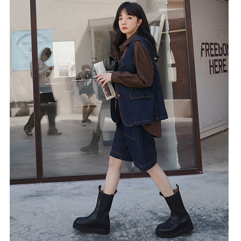 レトロデニムベスト×ミディ丈ショートパンツ