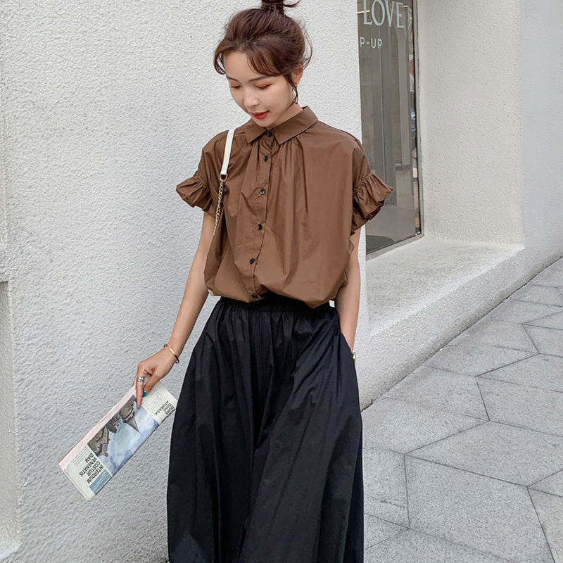 袖フリルゆるシャツ×サルエル風パンツ