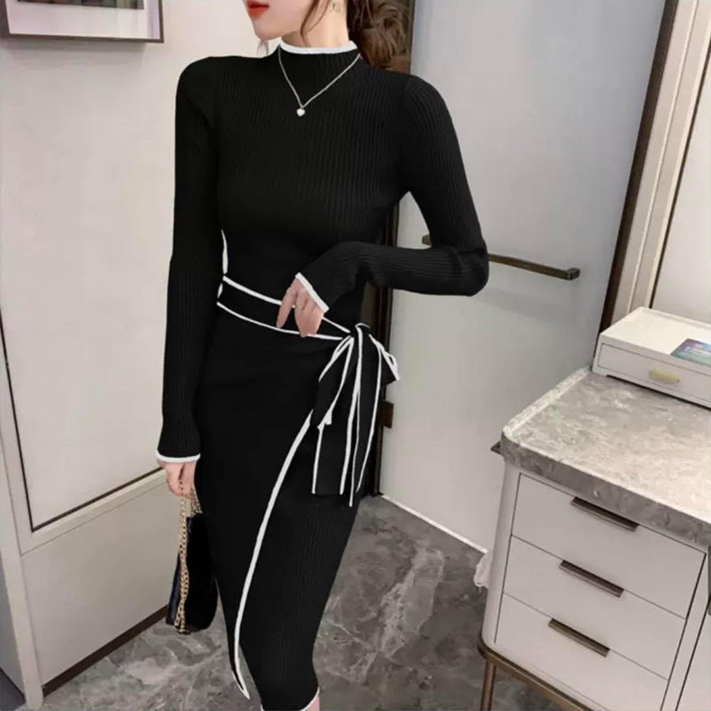 ウエストリボンハーフネックリブニットワンピース(2colors)