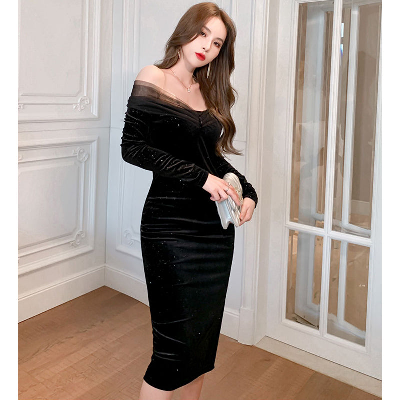 オフショルダーシアーコンビラメベロアペンシルワンピース