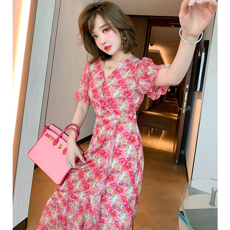 ランタンスリーブ花柄カシュクールマーメイドワンピース