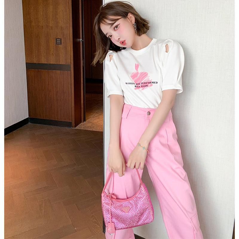 オープンショルダーパフスリーブTシャツ×シャーベットピンクカーゴパンツ【上下別売り可】