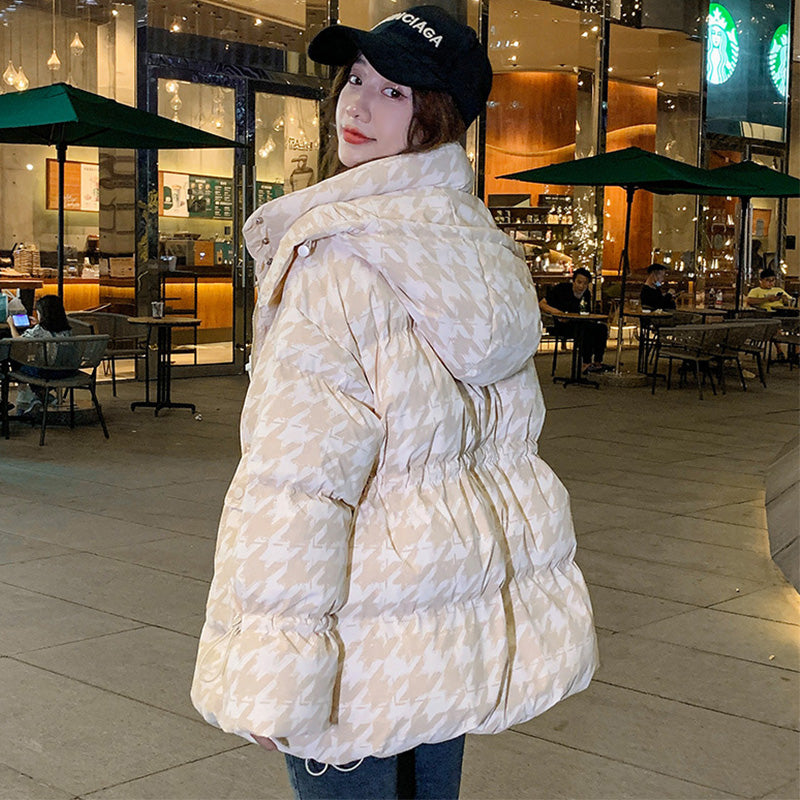 千鳥格子柄フーディードローストリングダウンジャケット