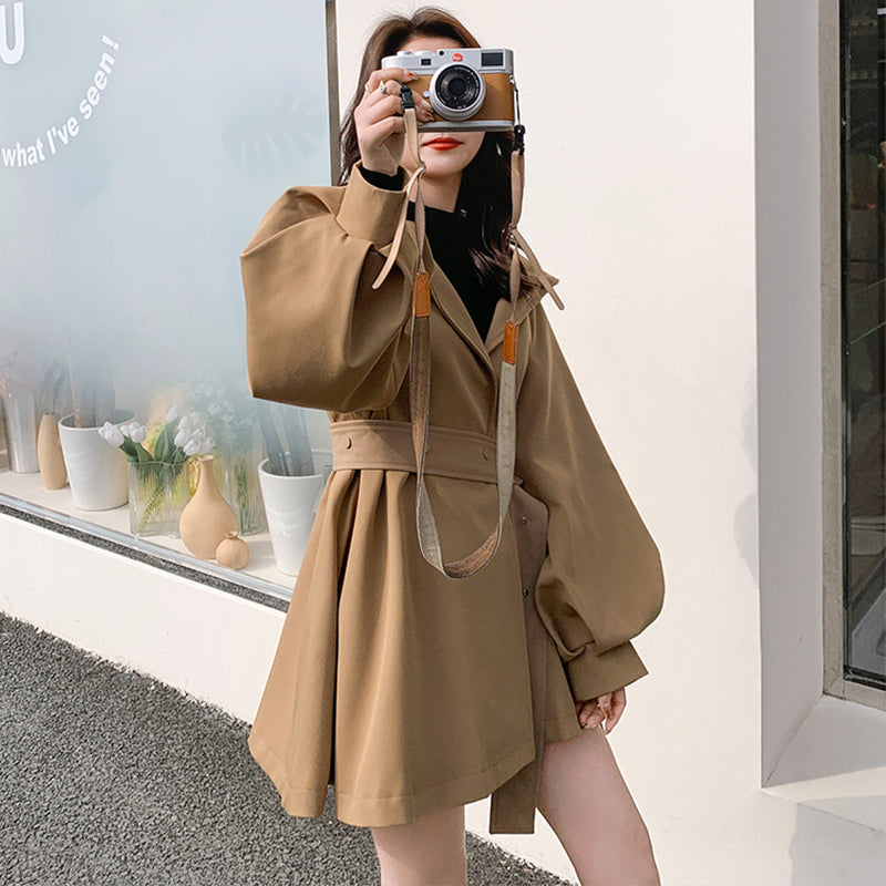 ウエストベルト付きビッグフードフレアミディコート