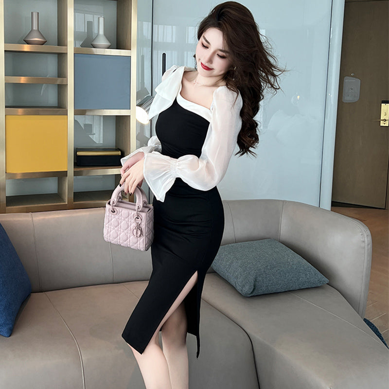 異素材スリーブコンシャスアシメスリットワンピース