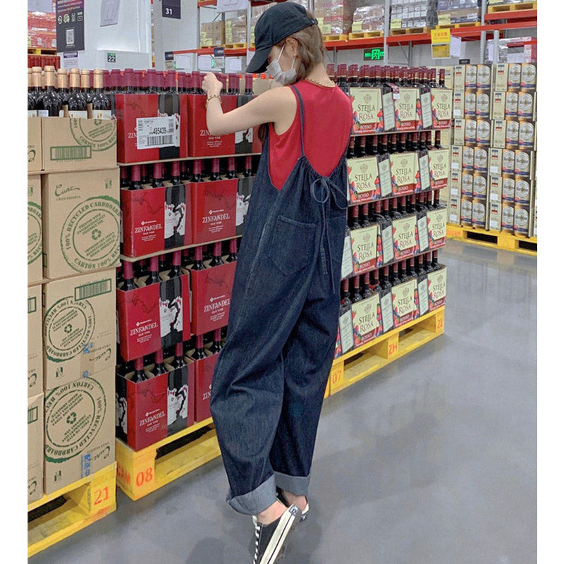 【即納】バックリボンデニムワイドサロペットパンツ