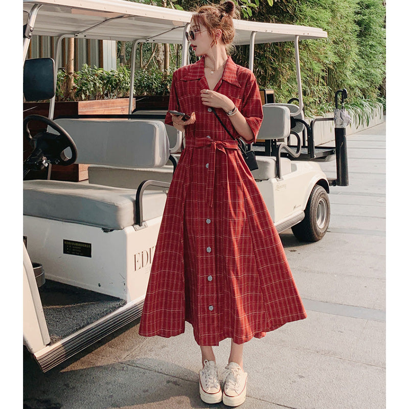 ウエストリボンチェックシャツワンピース(2colors)